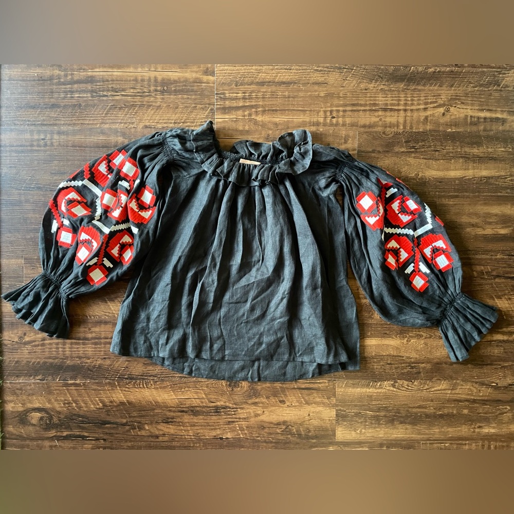 ELEVEN by MARCH 11 Linen Embroidered Long-Sleeve Off the Shoulder Top